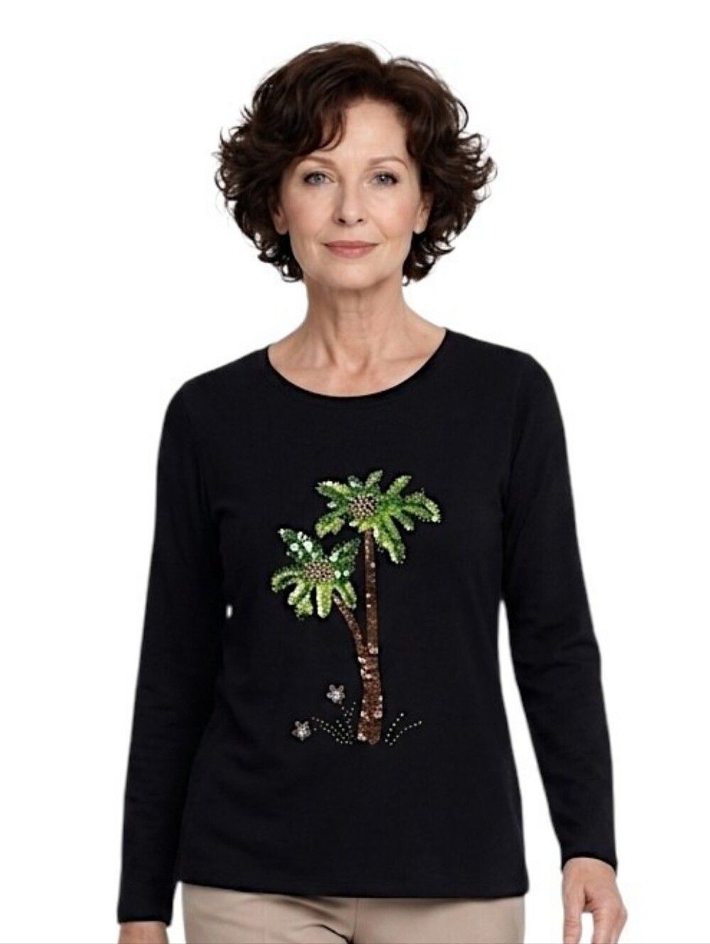 Lucia Burns Black Palm Tree Embellished 3/4 Sleeve Sweater Size L